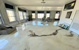 This image shows a large room that has an epoxy floor.